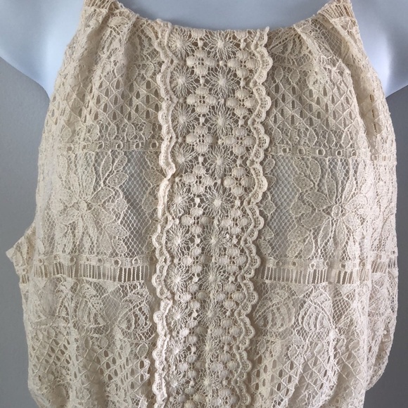 NEW LUSH Halter Lace Overlay Fit & Flare Skater Cream Vanilla Beige Mini L Dress - Picture 3 of 12